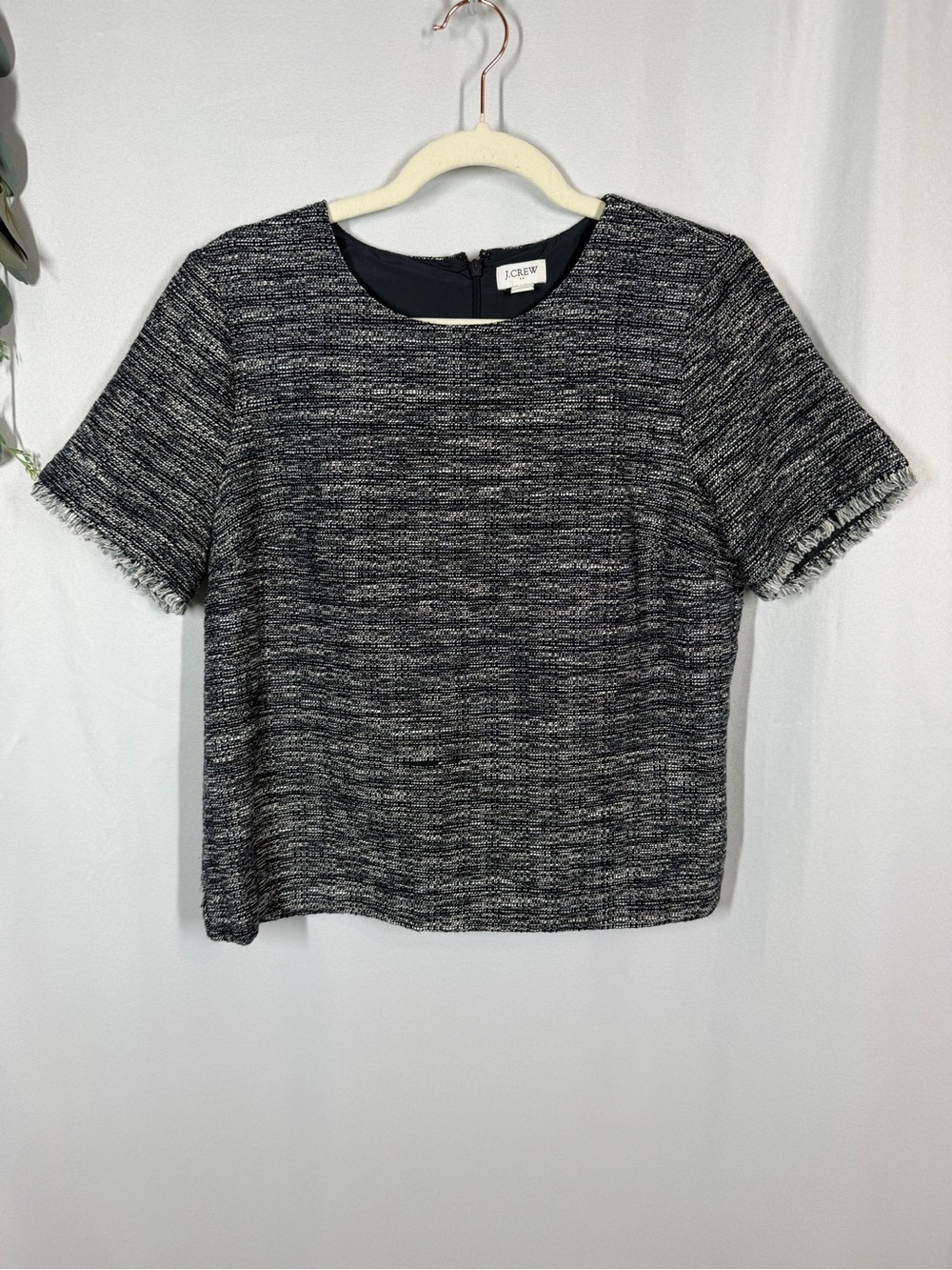 J Crew | Tweed Top Short Sleeve Navy Blue White Women's Size Small